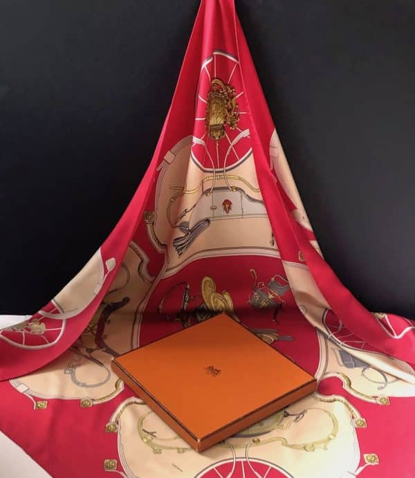 hermÈs vintage silk scarf springs red gold by philippe ledoux c.1974 w/box