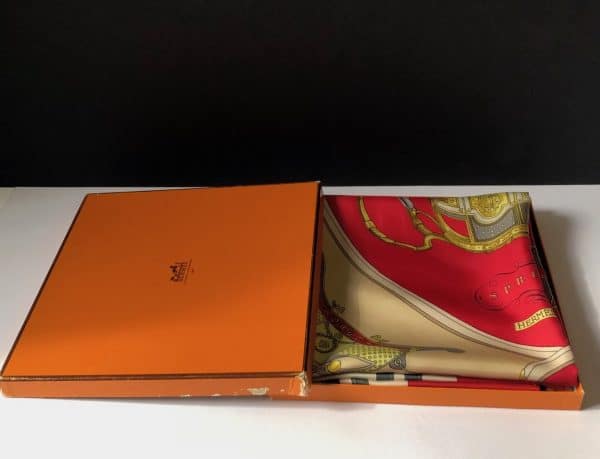 hermÈs vintage silk scarf springs red gold by philippe ledoux c.1974 w/box