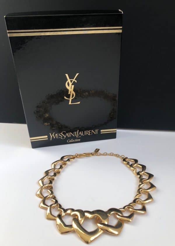 yves saint laurent ysl gold heart statement necklace c. 1980s w/box