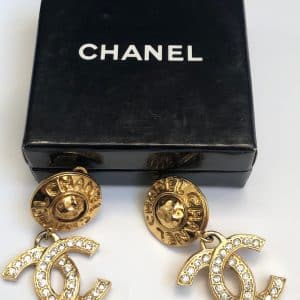 chanel vintage cc logo crystal round chanel letters long clip on earrings c.1980s w/box