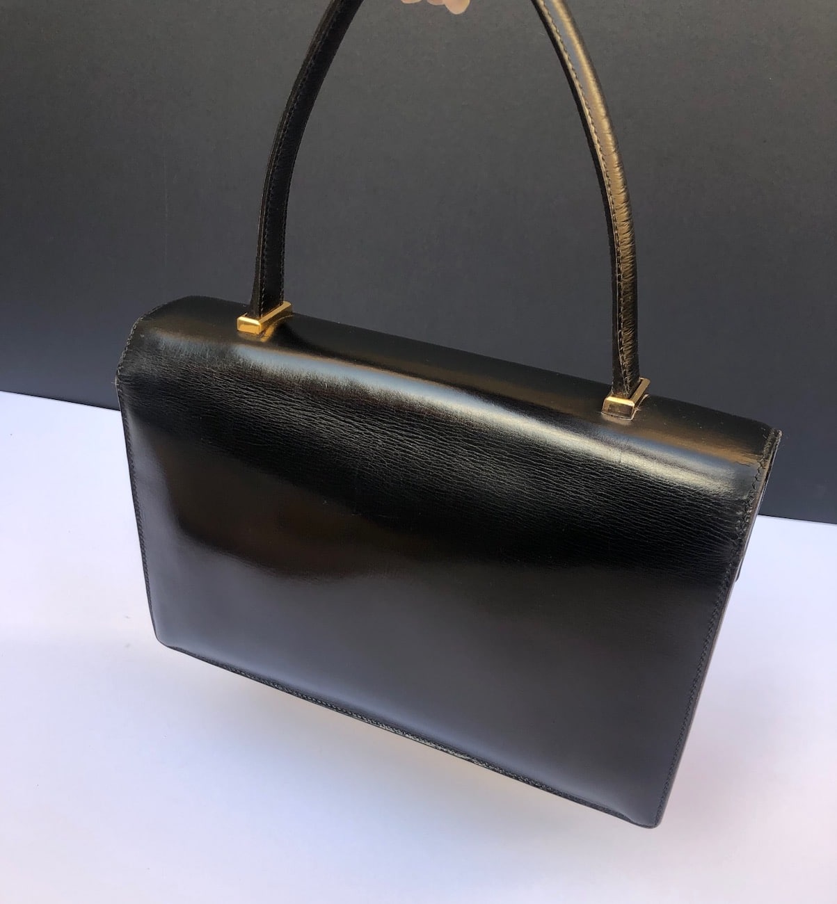 Vintage Hermes Black Leather Top Handle Handbag w/Lock & Key