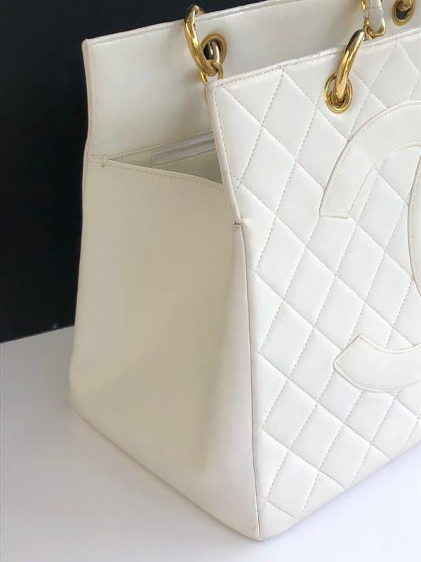 chanel 1996 gst white quilted leather top handle tote bag ghw vintage