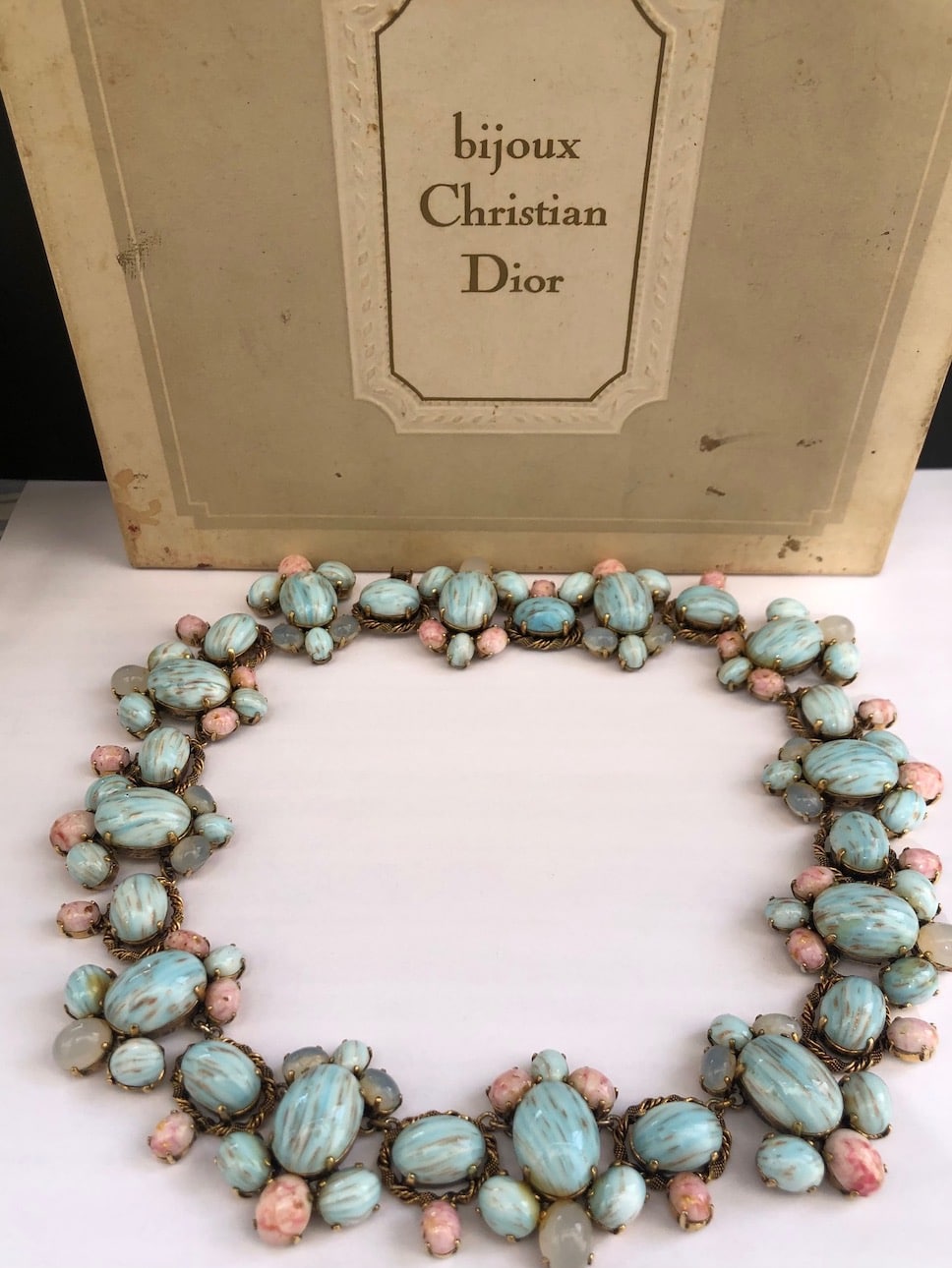 CHRISTIAN DIOR 1963 Couture Necklace Blue Pink Agate Cabochons Vintage  Exceptional W/Box