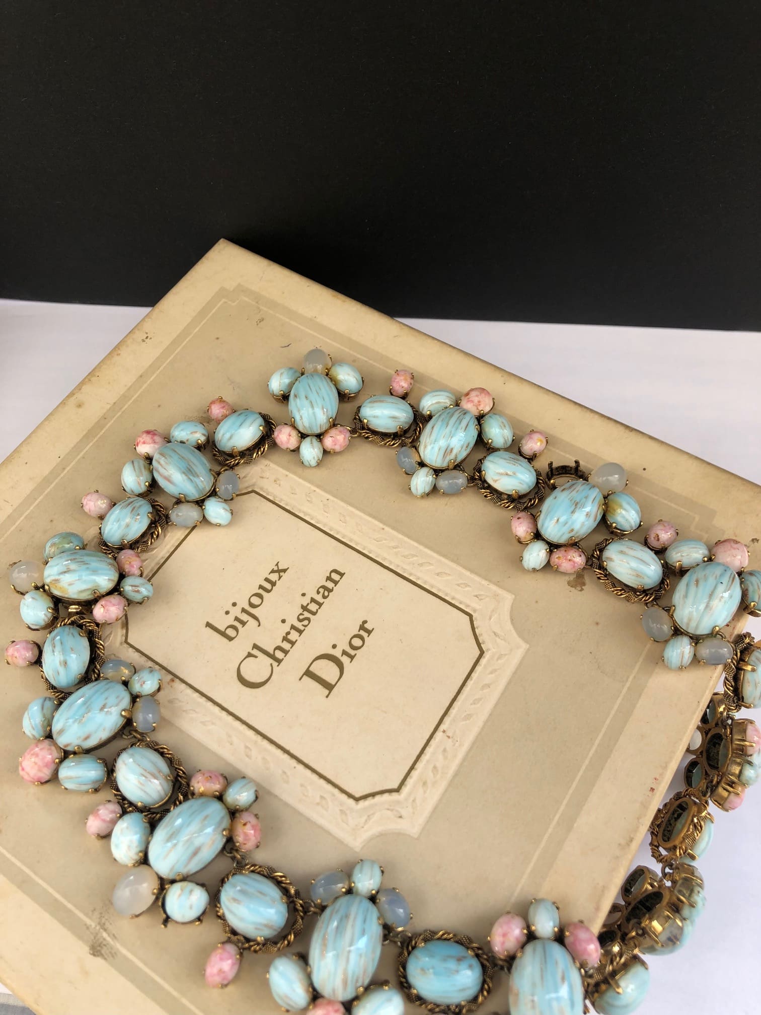 CHRISTIAN DIOR 1963 Couture Necklace Blue Pink Agate Cabochons