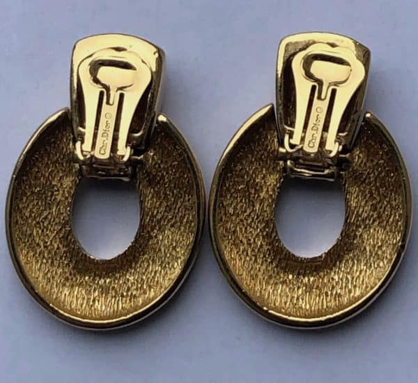 christian dior vintage oval clip on drop earrings black gold design 1980