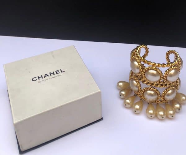 chanel vintage double cuff gold pearls bracelet collection 26 by victoire de castellane circa 1980s w/box