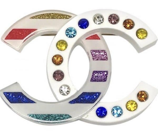chanel cc logo brooch multicolour lucite large w/rhinestones c.2019 w/box