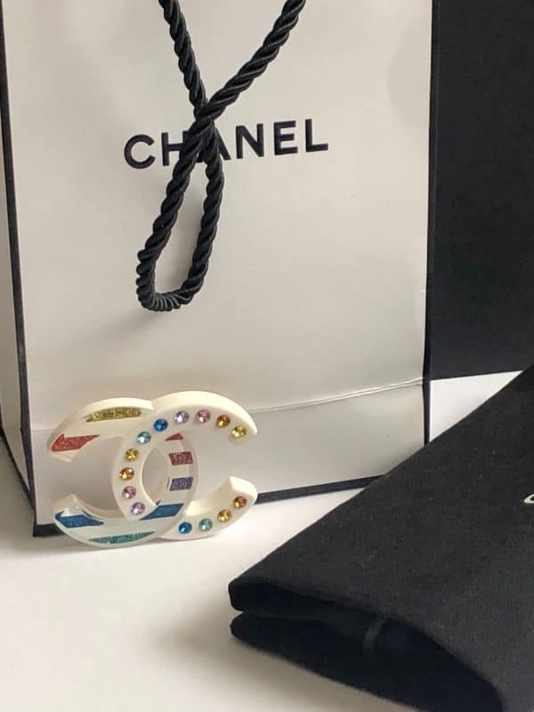 chanel cc logo large brooch lucite multicolour crystals c.2019 w/box