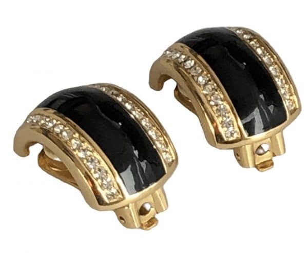 christian dior earrings dome hoop gold tone black enamel & crystal c.1980s