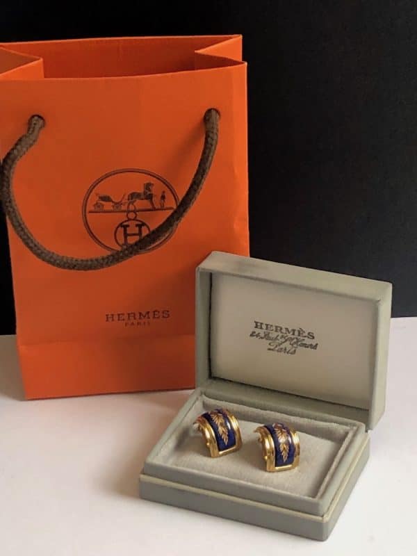 hermÈs vintage gold plated enamel clip on earrings c.1990s w/box