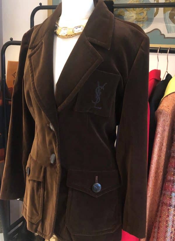 yves saint laurent vintage ysl logo jacket brown velvet single breasted circa 1980s