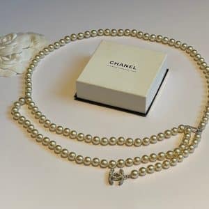 chanel pearl belt necklace double strand cc logo charm c.2004 w/box