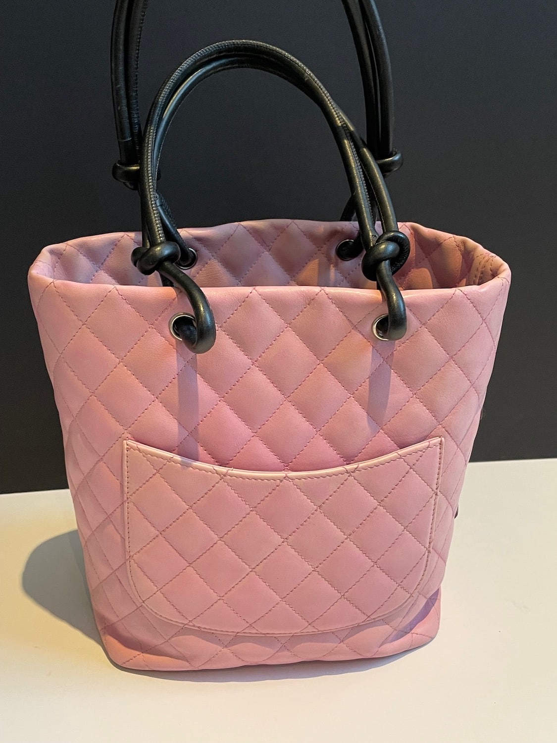 CHANEL Pink & Black Quilted Calfskin Leather Small Cambon CC Logo Bag C. 2004-2005