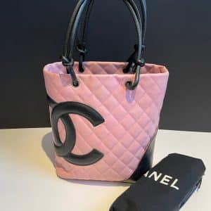 chanel pink & black quilted calfskin leather small cambon cc logo bag c.2004 2005