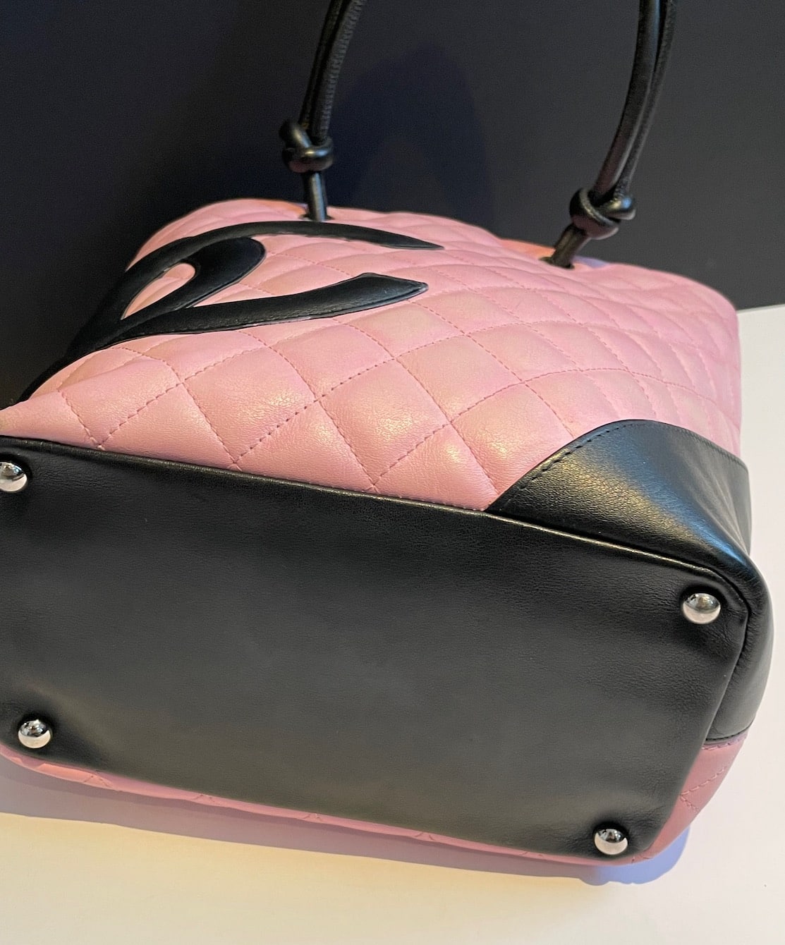 CHANEL Pink & Black Quilted Calfskin Leather Small Cambon CC Logo