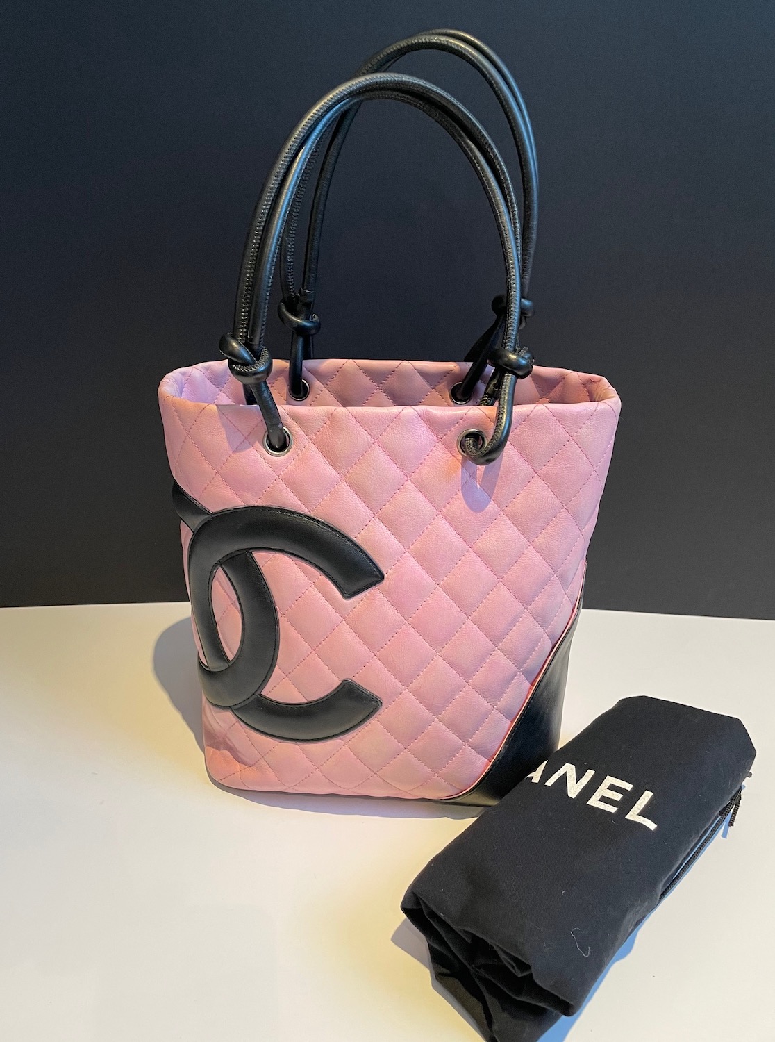 CHANEL Pink & Black Quilted Calfskin Leather Small Cambon CC Logo Bag C .2004-2005