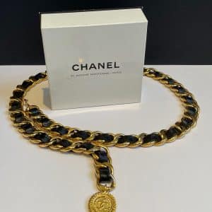 chanel vintage belt leather and gold link chain iconic cc logo coco medallion charm c.1980