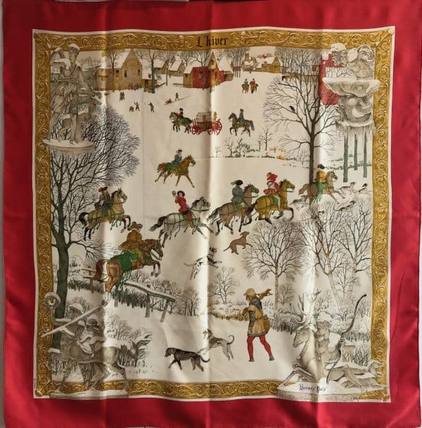 hermÈs vintage silk scarf l’hiver red gold by philippe ledoux c.1968 w/box