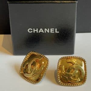 chanel vintage cc logo coco large square earrings gold w/box c.1996