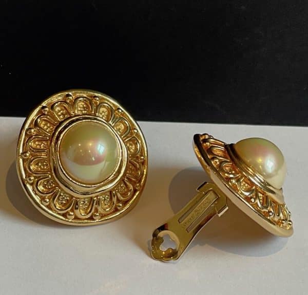 christian dior vintage couture etruscan gold & pearl large earrings collector c.1980s