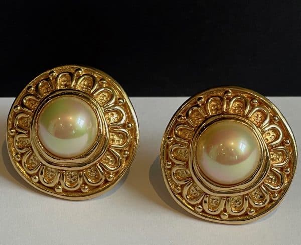 christian dior vintage couture etruscan gold & pearl large earrings collector c.1980s