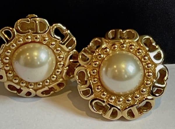 christian dior vintage pearl cd monogram gold earrings c.1980s