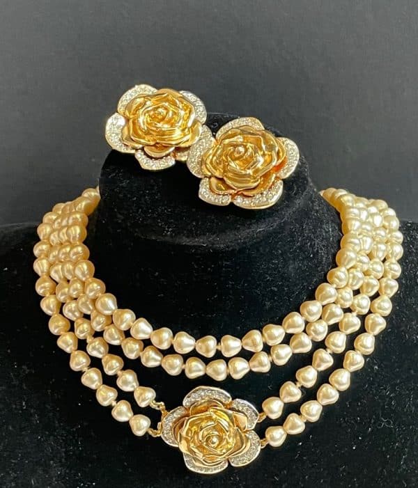 yves saint laurent vintage by goossens couture pearl gardenia necklace & earrings set gold crystal c.1980