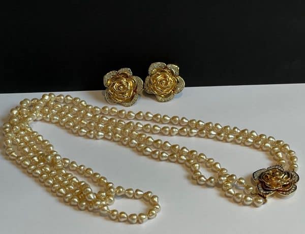 yves saint laurent vintage by goossens couture pearl gardenia necklace & earrings set gold crystal c.1980