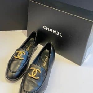 chanel cc logo gold pearl black leather flat loafer pump w/box
