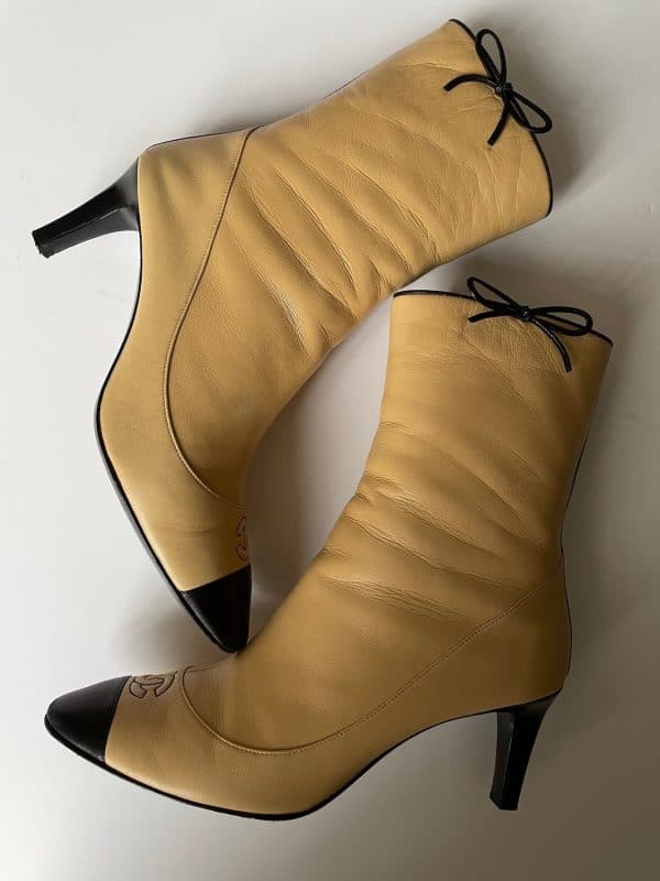 chanel high ankle boots calfskin beige & black cc logo bow & stripe rare