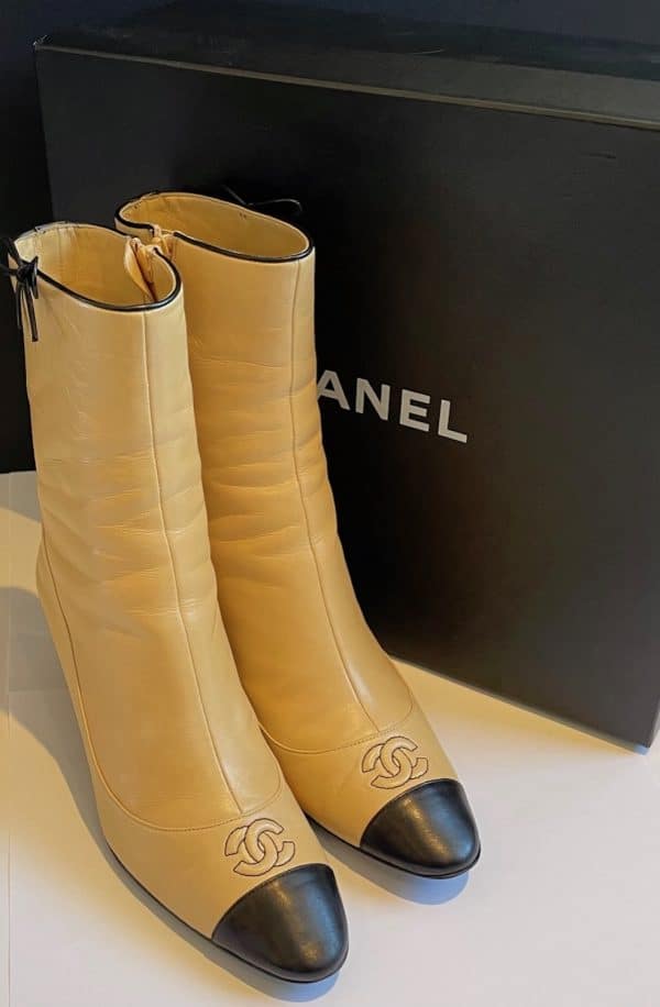chanel high ankle boots calfskin beige & black cc logo bow & stripe rare