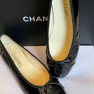 chanel leather ballet flats ballerina cc logo black bow shoes pumps w/box