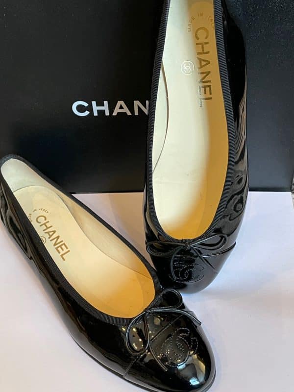 chanel leather ballet flats ballerina cc logo black bow shoes pumps w/box