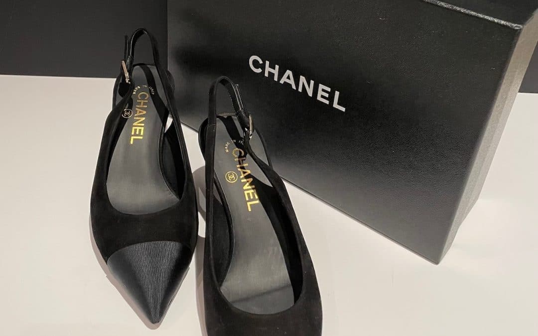 CHANEL Slingback Heels CC Logo Grosgrain Black Suede Shoes Pumps