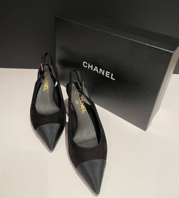 chanel slingback heels cc logo grosgrain black suede shoes pumps
