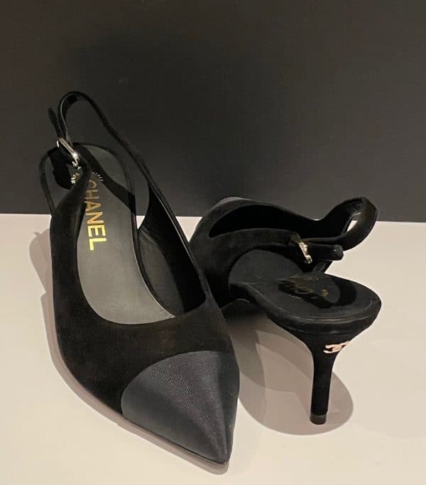 chanel slingback heels cc logo grosgrain black suede shoes pumps