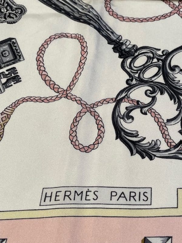 hermÈs vintage silk scarf les clefs by caty latham pink gold 1965 w/box