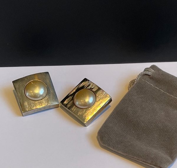 yves saint laurent 1970s square minimalist hammered chrome pearl earrings vintage