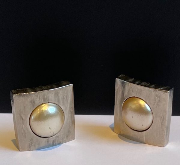 yves saint laurent 1970s square minimalist hammered chrome pearl earrings vintage