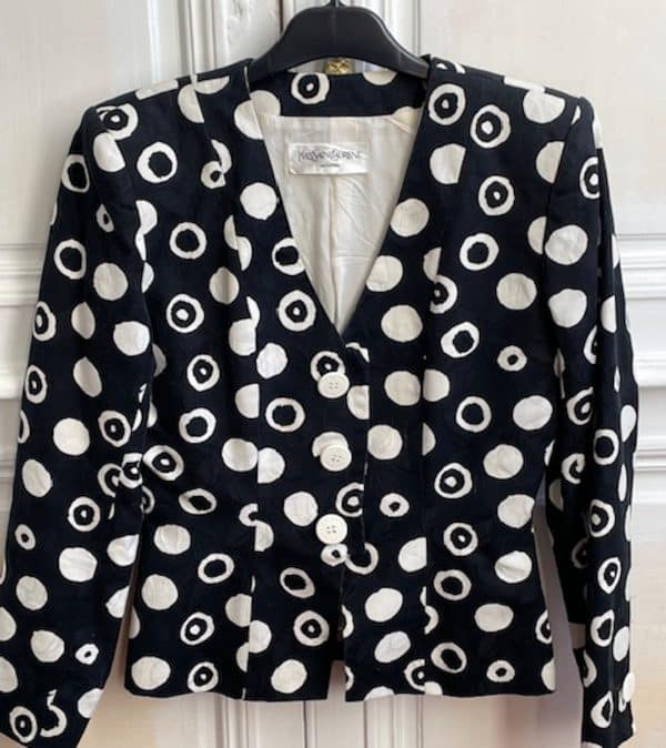 yves saint laurent variation polka dot print blazer & skirt 2 pieces suit c.1983