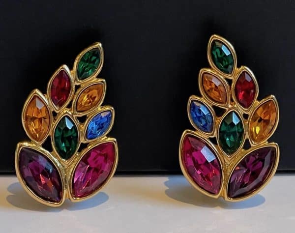 yves saint laurent vintage by robert goossens ysl leaf diamenté coloured earrings 1983