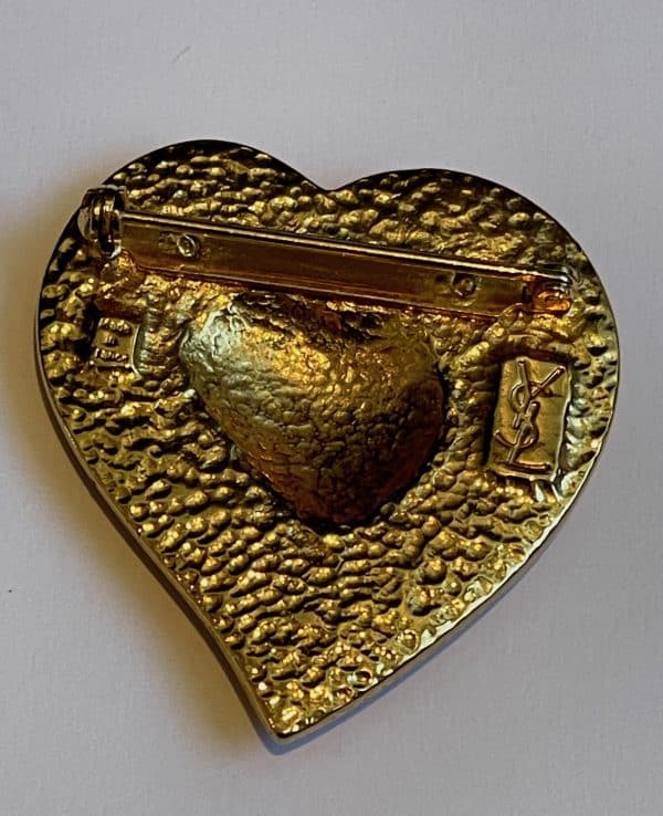 yves saint laurent vintage double heart shaped hammered brooch pin logo c.1983