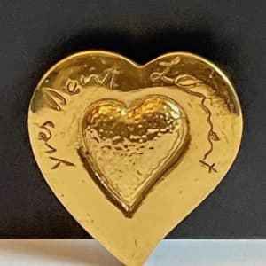 yves saint laurent vintage double heart shaped hammered brooch pin logo c.1983