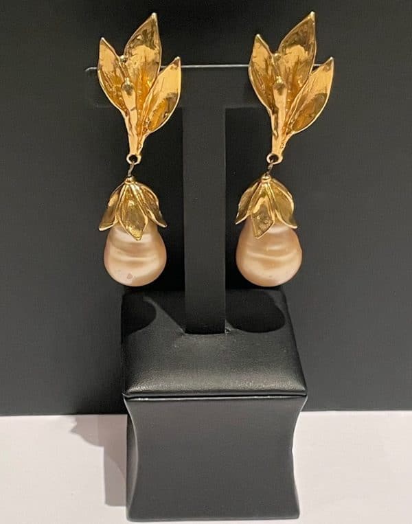 yves saint laurent ysl by goossens vintage leaf pearl drop earrings 1989