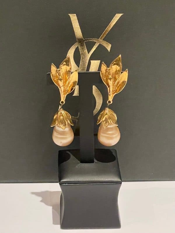 yves saint laurent ysl by goossens vintage leaf pearl drop earrings 1989