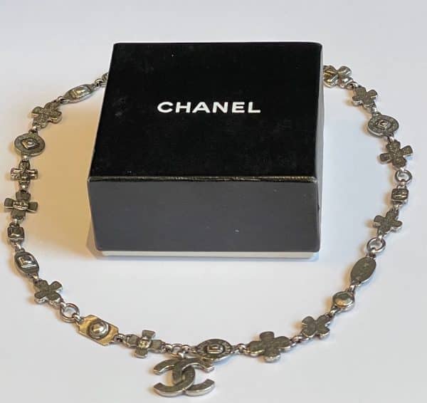 chanel necklace silver cc logo cross pendant & leaf clover w/box c.1999