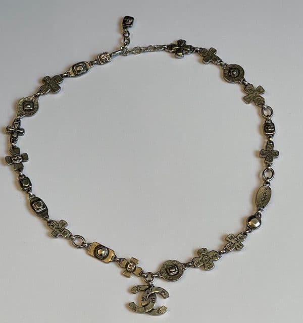chanel necklace silver cc logo cross pendant & leaf clover w/box c.1999