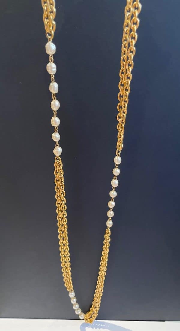 chanel vintage double strand necklace gold & baroque pearl w/box c.1980