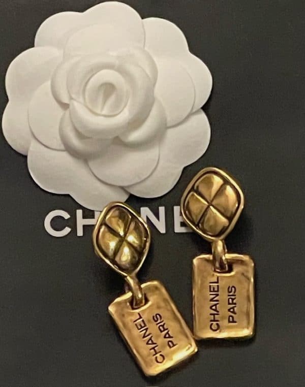 chanel vintage earrings leaf clover chanel paris logo drop dangle clip w/box c.1980s