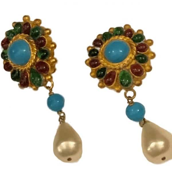chanel vintage gripoix flower pearl drop earrings turquoise multi w/box c.1993